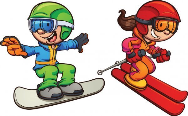 kids snowboarding and skiing